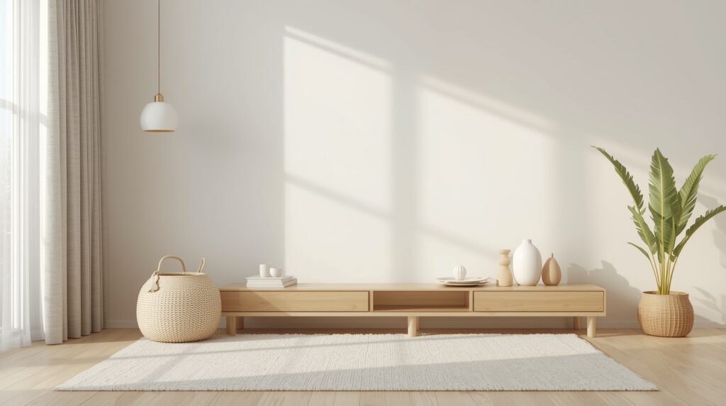 Spokojne i uporządkowane wnętrze domu bez nadmiaru przedmiotów