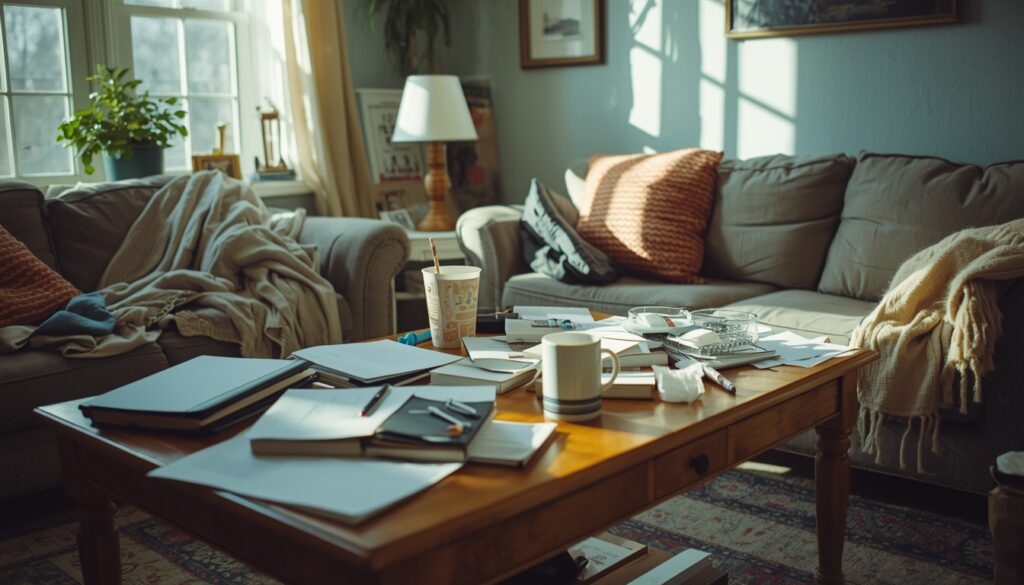 lekki bałagan w domu i przedmioty odłożone na stole