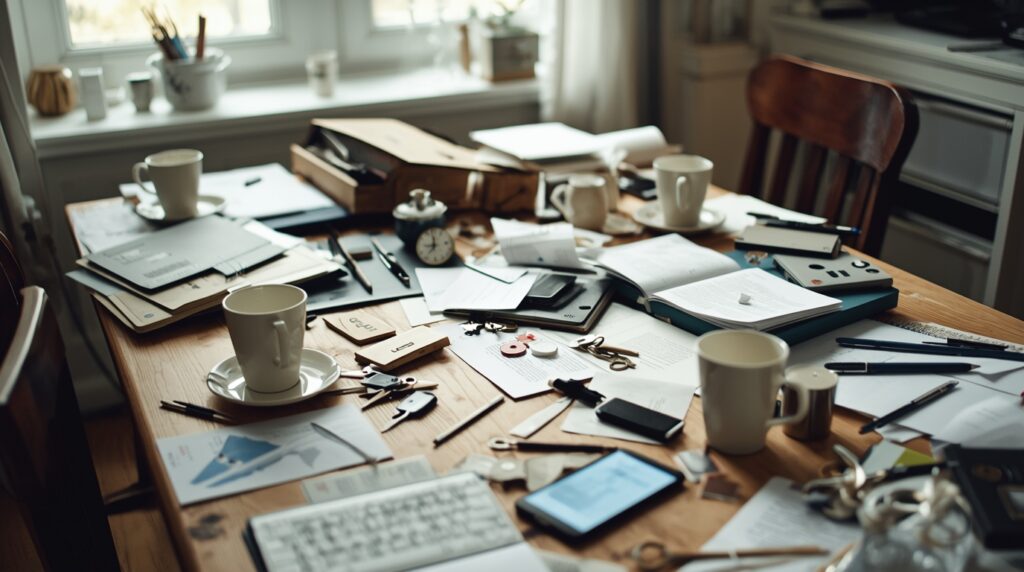 bałagan w domu na stole i rozrzucone przedmioty